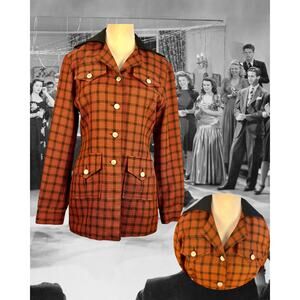 Vintage 90s Y2K Raw Kingman Rust Black Check Rockabilly Norfolk Jacket Blazer S